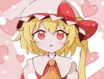  1girl ascot blonde_hair crying embodiment_of_scarlet_devil flandre_scarlet hat hat_ribbon highres npoin open_mouth puffy_short_sleeves puffy_sleeves red_eyes red_ribbon ribbon short_sleeves side_ponytail solo streaming_tears tears touhou upper_body white_mob_cap yellow_ascot 