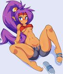  average-hanzo blue_eyes blush bracelet breasts crop_top dark_skin earrings full_body grey_background headband highres jewelry long_hair midriff navel no_panties open_fly pointy_ears ponytail purple_hair pussy_peek sandals shantae_(character) shantae_(series) shoes short_shorts shorts single_shoe sitting solo spread_legs toe_scrunch toes underboob very_long_hair 