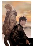  2boys beach black_hair black_jacket black_pants brown_hair ellery_(jukkakukan_no_satsujin) glasses hands_in_pockets highres hood hooded_jacket jacket jukkakukan_no_satsujin kiyohara_hiro leather leather_jacket leroux_(jukkakukan_no_satsujin) looking_ahead male_focus multiple_boys official_art outdoors pants parted_lips profile round_eyewear short_hair sidelocks sitting standing sunset 