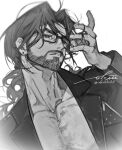  1boy bara beard_stubble bespectacled dark-skinned_male dark_skin dutch_angle facial_hair glasses greyscale half-closed_eyes hand_up head_tilt highres indian long_hair male_focus mature_male monochrome okiii pectoral_cleavage pectorals reverse:1999 shamane sparse_chest_hair stubble thick_eyebrows tsurime upper_body 