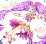  1girl :d ahoge bow bridal_garter confetti cropped_shirt dated full_body gambe happy_birthday idol_clothes korean_text long_hair manaka_laala midriff neck_ribbon open_mouth outstretched_arms pink_bow pink_ribbon pink_skirt pretty_series pripara purple_hair ribbon shoes skirt smile solo spread_arms standing third-party_source twintails very_long_hair white_background wrist_cuffs 