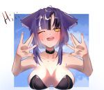  1girl animal_ear_fluff animal_ears artist_name awful_queen_(vtuber) blush breasts choker fox_ears fox_girl heart heart_in_eye highres indie_virtual_youtuber large_breasts lierig looking_at_viewer monster_girl open_mouth purple_hair short_hair solo symbol_in_eye 