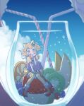  3girls air_bubble bad_id bad_twitter_id berry blonde_hair blue_eyes blue_sky bubble cloud commentary_request cone_hair_bun cup double_bun drinking drinking_straw food fruit full_body hair_bun hand_on_own_cheek hand_on_own_face hand_up highres hojo_sophy in_container in_cup kiwi_(fruit) kiwi_slice looking_at_viewer manaka_laala minami_mirei mini_person minigirl multiple_girls orange_(fruit) orange_slice out_of_frame pretty_series pripara ruru_ashihara shared_drink short_hair sitting sky solo_focus strawberry submerged water 