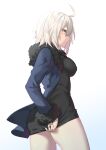  1girl ahoge ass black_dress blue_jacket blush breasts commentary_request cowboy_shot dress dress_tug fate/grand_order fate_(series) fur-trimmed_jacket fur_trim highres itohana jacket jeanne_d&#039;arc_alter_(fate) jeanne_d&#039;arc_alter_(ver._shinjuku_1999)_(fate) large_breasts looking_at_viewer medium_breasts official_alternate_costume open_clothes open_jacket short_dress short_hair solo sweatdrop white_hair yellow_eyes 