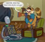 2024 anthro biped brown_body clothing detailed_background dialogue duo electronics eyes_closed grey_body hi_res ikoruh inside machine male mammal microphone open_mouth procyonid raccoon rascal_(robot_dreams) robot robot_(robot_dreams) robot_dreams shirt singing sitting slightly_chubby smile spanish_text text topwear