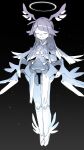  1girl black_background boots cheri_zao closed_eyes detached_sleeves full_body gradient_background grey_background grey_hair halo head_wings highres long_hair original own_hands_clasped own_hands_together robot_ears robot_girl solo thigh_boots white_footwear white_sleeves wings 