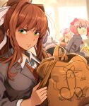  4girls :t absurdres ass backpack bag banana blue_eyes bow brown_hair closed_eyes commentary doki_doki_literature_club food fruit green_eyes grey_jacket hair_bow hair_intakes highres holding holding_food holding_fruit indoors jacket khyle. long_hair looking_at_viewer monika_(doki_doki_literature_club) multiple_girls natsuki_(doki_doki_literature_club) penis_doodle pink_bow pink_hair purple_hair sayori_(doki_doki_literature_club) smile upper_body yuri_(doki_doki_literature_club) 