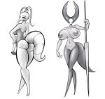 2020 2_horns antennae_(anatomy) arthropod belly big_breasts black_eyes breasts butt clothed clothing digital_media_(artwork) duo female front_view genitals hi_res holding_object holding_weapon hollow_knight horn huge_breasts insect iselda_(hollow_knight) latiar looking_at_viewer looking_back mantis mantis_lord_(hollow_knight) map nail_(weapon) nude partially_clothed pussy rear_view scroll simple_background sketch standing tail team_cherry thick_thighs weapon white_background