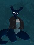 2024 absurd_res anthro bandage big_breasts blue_body breasts clothed clothing female genitals hi_res inv_(rain_world) jacket looking_at_viewer nexthargon nude rain_world simple_background sitting slugcat smile spread_legs spreading tail text thick_thighs thighs topwear videocult white_eyes