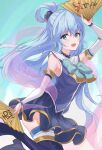  1girl :d absurdres aqua_(konosuba) aqua_bow arm_up bare_shoulders blue_background blue_eyes blue_footwear blue_hair blue_shirt blue_skirt blush boots bow breasts commentary_request cowboy_shot detached_sleeves dual_wielding floating_hair hair_between_eyes hair_bobbles hair_ornament hair_rings happy highres holding kono_subarashii_sekai_ni_shukufuku_wo! long_hair long_sleeves looking_at_viewer medium_breasts miniskirt open_mouth partially_translated pink_shawl pleated_skirt sayu_(user_yjsz2885) shawl shirt simple_background skirt sleeveless sleeveless_shirt smile solo straight_hair teeth thigh_boots translation_request tsurime upper_teeth_only very_long_hair white_sleeves 