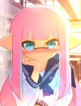  blue_eyes blush closed_mouth indoors inkling inkling_girl inkling_player_character kakk_e library long_hair long_sleeves looking_at_viewer no_headwear pink_hair pointy_ears sailor school_uniform sitting splatoon_(series) tentacle_hair 