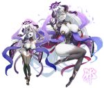  2girls :d absurdres arm_under_breasts barefoot breasts collar colored_skin cuffs demon_girl demon_horns full_body half-closed_eyes halo highres horns large_breasts long_hair looking_at_viewer medium_breasts mesugaki multiple_girls original osisio shackles smile teeth thighhighs upper_teeth_only very_long_hair white_background white_hair white_skin yellow_eyes 