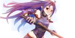  1girl absurdres ahoge armor armpits bare_shoulders breastplate commentary_request commission covered_navel cowboy_shot detached_sleeves dutch_angle fingerless_gloves gloves groin hairband highres holding holding_sword holding_weapon long_hair looking_at_viewer nao_cdsuyta pointy_ears purple_gloves purple_hair red_eyes sidelocks simple_background skeb_commission sleeveless smile solo sword sword_art_online upper_body very_long_hair weapon white_background yuuki_(sao) 