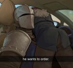  2boys alibonbonn armor ass beard car_interior car_seat commentary commission connected_beard couple crusader_(darkest_dungeon) darkest_dungeon drive-thru english_commentary english_text facial_hair facing_viewer full_beard grey_helmet he_wants_to_order_(meme) helmet highwayman_(darkest_dungeon) knight looking_at_viewer lying_on_person male_focus mature_male meme multiple_boys short_hair snapchat steering_wheel thick_eyebrows yaoi 