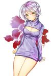  1girl arm_support blush breasts cleavage cleavage_cutout closed_mouth clothing_cutout cowboy_shot dress gambe green_eyes grey_hair hair_between_eyes large_breasts long_sleeves looking_at_viewer meme_attire naked_sweater open-chest_sweater pretty_series pripara ribbed_sweater shikyoin_hibiki short_hair sitting solo sweater sweater_dress third-party_source turtleneck turtleneck_sweater white_background 