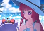  2girls bare_shoulders blue_sky blunt_bangs blurry blurry_background bottle bow cloud commentary day double_bun english_commentary hair_bow hair_bun hands_up hat head_out_of_frame hojo_sophy holding holding_bottle long_hair looking_at_another looking_down manaka_laala manaka_laala_(young) multiple_girls ocean open_mouth outdoors pink_bow pretty_series pripara purple_eyes purple_hair ramune red_hair ruru_ashihara sky summer_festival sun_hat upper_body white_hat 