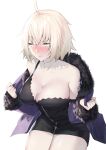  1girl ahoge black_dress blonde_hair blush breasts cleavage collarbone commentary_request covered_nipples dress fate/grand_order fate_(series) fur-trimmed_jacket fur_trim highres itohana jacket jeanne_d&#039;arc_alter_(fate) large_breasts open_clothes open_jacket purple_jacket short_hair sidelocks simple_background solo standing white_background yellow_eyes 