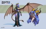 amythra anthro blue_eyes blue_hair breasts bust_portrait claws clothed clothing curvy_figure dragon dress female gold_(metal) hair hi_res horn jewelry medium_breasts model_sheet mythological_creature mythological_scalie mythology navel portrait saltamor scalie smile spread_wings tail thick_thighs wide_hips wings