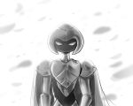 armor arthropod black_body breastplate cape clothing digital_media_(artwork) effects emery_(latiar) female front_view grey_body hollow_knight latiar light lighting looking_at_viewer serious serious_face shaded simple_background solo team_cherry walking white_background white_eyes