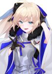  1girl absurdres aesc_(fate) aesc_(savior)_(fate) ahoge armor armored_dress black_bow black_gloves blonde_hair blue_eyes blue_ribbon bow breastplate cape cloak dress fate/grand_order fate_(series) fur-trimmed_cloak fur_trim gloves hair_bow highres long_hair long_sleeves looking_at_viewer multicolored_cloak open_mouth ornament ponytail ribbon shimaa482 smile solo spiked_armor two-sided_bow two-tone_sleeves v white_cape white_cloak 
