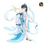  1girl bird black_hair blue_dress blue_eyes blue_hair book cockatiel commentary_request dress expressionless full_body hair_ornament highres holding holding_book logo mahjong_soul multicolored_hair official_art qing_luan shine_cheese skinny solo white_background 