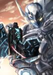  1boy ares_(xenoblade_x) armor black_knight_(xenoblade_x) cape cloud cloudy_sky floating glowing glowing_eyes highres holding holding_sword holding_weapon katana looking_at_viewer momomoxeno red_eyes skell_(xenoblade_x) sky standing sword weapon xenoblade_chronicles_(series) xenoblade_chronicles_x 