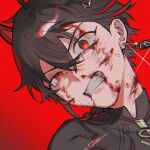 1boy black_hair blood blood_on_clothes blood_on_face changyu_(punishing:_gray_raven) crossed_bangs earrings grin hair_between_eyes horns jewelry multicolored_hair open_mouth pagarblue punishing:_gray_raven red_background red_eyes red_hair single_horn smile solo streaked_hair 