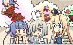  3girls ? bag blonde_hair blue_eyes blue_hair book braid chocolate_on_body crown dated dress eating fang flower french_braid gift hair_ornament hair_over_one_eye hair_ribbon hairclip hamakaze_(kantai_collection) hamu_koutarou highres i-19_(kantai_collection) imagining jewelry kantai_collection kitakami_(kantai_collection) long_hair long_sleeves mini_crown multiple_girls mushroom name_tag necklace off-shoulder_dress off_shoulder reading red_eyes red_flower red_ribbon red_rose ribbon rose satchel school_swimsuit school_uniform serafuku short_hair silver_hair star star-shaped_pupils swimsuit symbol-shaped_pupils tri_tails upper_body warspite_(kantai_collection) white_dress zuihou_(kantai_collection) zuikaku_(kantai_collection) 