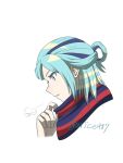  1boy arice487 blue_scarf breath commentary_request from_side green_eyes green_hair grusha_(pokemon) hand_up highres looking_down male_focus parted_lips pokemon pokemon_sv portrait scarf solo striped_clothes striped_scarf twitter_username white_background 