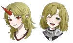  2girls black_shirt blonde_hair closed_mouth collarbone commentary_request green_eyes highres horns hoshiguma_yuugi karubo_100sei long_hair looking_at_viewer medium_bangs mizuhashi_parsee multiple_girls one_eye_closed open_mouth parted_bangs pointy_ears portrait red_eyes red_horns scarf shirt short_hair simple_background single_horn smile star_(symbol) touhou white_background white_scarf 