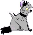 2017 alpha_channel ambiguous_gender bat black_collar black_nose black_tail collar cross_pupils crown digital_drawing_(artwork) digital_media_(artwork) digitigrade eyebrows feral flat_colors full-length_portrait fur grey_body grey_fur head_tuft headgear jaspering mammal outline portrait purple_inner_ear purple_outline side_view simple_background sitting smile snout solo tail transparent_background tuft watermark yellow_eyes