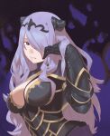  1girl absurdres armor breasts camilla_(fire_emblem) capelet cleavage_cutout clothing_cutout fake_horns fire_emblem fire_emblem_fates gauntlets hair_over_one_eye highres horns kucheat_zg large_breasts looking_at_viewer parted_bangs purple_hair red_eyes smile solo tiara upper_body 
