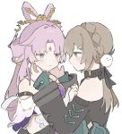  2girls bare_shoulders blush closed_mouth commentary_request dress forehead_jewel fu_xuan_(honkai:_star_rail) green_dress green_eyes hair_between_eyes hair_ornament hairclip hamu_(hamusand) highres honkai:_star_rail honkai_(series) long_hair long_sleeves looking_at_another low_twintails multiple_girls open_mouth parted_bangs pink_hair qingque_(honkai:_star_rail) simple_background twintails upper_body white_background 