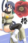  1girl arms_behind_back ass black_hair black_scarf blue_eyes breasts camellia cleavage covered_nipples flower head_tilt high_ponytail highres japanese_clothes lask leggings long_hair looking_at_viewer medium_breasts nakatsukasa_tsubaki ninja ponytail scarf sitting soul_eater star_(symbol) white_background 