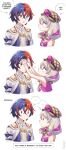  ... 1boy 1girl alear_(fire_emblem) alear_(male)_(fire_emblem) aquanutart blonde_hair blue_eyes blue_hair brown_scarf crossed_bangs fire_emblem fire_emblem_engage flannel framme_(fire_emblem) heterochromia highres multicolored_hair pink_hair plaid plaid_headwear plaid_scarf red_eyes red_hair scarf speech_bubble split-color_hair two-tone_hair 