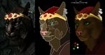  absurd_res crown ear_piercing feline green_eyes hair hi_res jewelry khajiit mammal piercing pink_nose progression red_hair roguelizard scar simple_background solo the_elder_scrolls video_games zojarr 