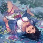  black_hair blurry breasts brown_eyes character_request depth_of_field dress food fruit grapes highres leaf lee_hyeseung long_hair looking_at_viewer lying medium_breasts mouth_hold on_back original partially_submerged ribbon ripples skirt_basket solo water wet wet_clothes white_dress 