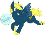 2017 alpha_channel ambiguous_gender blonde_mane blue_body blue_eyes blue_feathers blue_fur blue_speech_bubble blue_text cutie_mark dialogue digital_drawing_(artwork) digital_media_(artwork) english_text equid equine eyelashes fan_character feathered_wings feathers feral flat_colors full-length_portrait fur handwritten_text hasbro hooves jaspering mammal mane my_little_pony mythological_creature mythological_equine mythology one_eye_closed outline pegasus portrait running simple_background smile snout solo speech_bubble starry_eyes tail talking_feral text transparent_background unguligrade watermark wings wink yellow_hooves yellow_outline yellow_tail