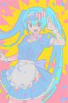  1girl apron back_bow black_eyes blue_dress blue_hair bow buttons confetti cowboy_shot double-breasted dress frilled_apron frilled_dress frills hand_up hatsune_miku highres long_hair looking_at_viewer mesmerizer_(vocaloid) open_mouth pastel_colors pink_background puffy_short_sleeves puffy_sleeves qn_cmsn sharp_teeth short_sleeves smile solo teeth twintails very_long_hair vocaloid waist_apron white_apron white_bow wing_collar wrist_cuffs 