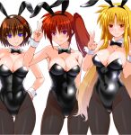  1girl animal_ears black_bow black_bowtie black_leotard black_pantyhose blonde_hair blue_eyes bow bowtie breasts brother_and_sister cleavage cowboy_shot detached_collar engo_(aquawatery) fate_testarossa hair_ornament hairclip hand_on_own_hip leotard long_hair lyrical_nanoha mahou_shoujo_lyrical_nanoha_strikers matching_outfits medium_breasts pantyhose playboy_bunny purple_eyes rabbit_ears red_eyes short_hair siblings side_ponytail simple_background solo strapless strapless_leotard takamachi_nanoha v w_arms white_background wrist_cuffs yagami_hayate 