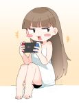  1girl :3 bare_shoulders barefoot blunt_bangs blush_stickers borrowed_character brown_eyes brown_hair child_gf_(orenji) collarbone dress fang feet gradient_background handheld_game_console holding holding_handheld_game_console long_hair looking_to_the_side nakajima_lupus nintendo_switch open_mouth original sitting smug watermark white_background white_dress yellow_background 