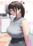  1girl arms_behind_back bare_arms bare_shoulders black_hair blue_eyes blurry blurry_background blush breasts closed_mouth glasses grey_skirt jonsun large_breasts long_hair mole mole_under_eye original ponytail shirt_tucked_in skirt sleeveless solo tamami_(jonsun) twitter_username 