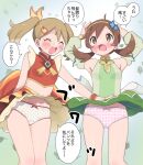  2girls arms_up blonde_hair blue_flower blush brown_eyes brown_hair closed_eyes clothes_lift commentary_request detached_sleeves eyelashes flower flying_sweatdrops hair_flower hair_ornament hairband looking_up lyra_(pokemon) lyra_(sygna_suit)_(pokemon) may_(pokemon) may_(sygna_suit)_(pokemon) multiple_girls official_alternate_costume open_mouth panties pokemon pokemon_masters_ex pumpkinpan skirt skirt_lift speech_bubble translation_request twintails underwear wind wind_lift wristband yellow_hairband 