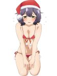  1girl bikini black_hair breasts flying_sweatdrops fur-trimmed_headwear fur_trim hat highres hiiragi_utena komatsu_(sakanae) mahou_shoujo_ni_akogarete navel red_bikini santa_bikini santa_hat seiza side-tie_bikini_bottom simple_background sitting small_breasts solo swimsuit white_background yellow_eyes 