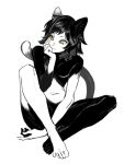  1girl animal_ears black_hair body_fur cat_ears cat_girl cat_tail dungeon_meshi greyscale izutsumi looking_to_the_side monochrome nude short_hair sitting sumooo_(ga_ilil) tail white_background yellow_eyes 