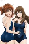  2girls absurdres ass blue_eyes breasts brown_hair fluffy_hair hair_tie hibike!_euphonium highres kadowaki_miku kuroe_mayu large_breasts long_hair looking_at_viewer medium_breasts medium_hair multiple_girls official_art orange_eyes oumae_kumiko ponytail school_swimsuit smile swimsuit 