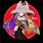  1girl aqua_hair blonde_hair blue_hair character_name dated domino_mask gloves gradient_hair green_hair grey_eyes grey_gloves grey_hat hat highres holding_trumpet instrument long_hair maddiemothie mask multicolored_hair open_mouth outline purple_hair solo splatoon_(series) splatoon_3 tentacle_hair trumpet white_outline yoko_(splatoon) 
