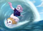 absurd_res anthro bear big_breasts blonde_hair breasts clothing duo eeveelution fan_character female generation_6_pokemon hair hi_res humor hybrid male male/female mammal ninfii_(syst) nintendo pink_hair pokemon pokemon_(species) polar_bear sea summer surfing swimwear sylveon syst syst_(character) ursine water wave