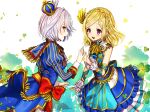  2girls :d bad_id bad_twitter_id blonde_hair blue_coat blue_dress braid clover coat cowboy_shot crown crown_braid dress eye_contact face-to-face gambe gloves gold_trim green_eyes grey_hair hair_between_eyes hand_up holding_hands idol_clothes juliet_sleeves long_hair long_sleeves looking_at_another midorikaze_fuwari mini_crown multiple_girls open_mouth pretty_series pripara puffy_sleeves purple_eyes reverse_trap shikyoin_hibiki short_hair smile standing swept_bangs white_background white_gloves 