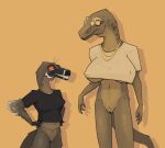 anthro bottomless breasts clothed clothing dinosaur dromaeosaurid duo feathered_dinosaur feathered_scalie feathers female genitals hands_on_hips hi_res jayda_(zagz) jewelry necklace nipple_outline pussy reptile scalie smile stevie_(zagz) theropod toothy_smile tyrannosaurid tyrannosauroid tyrannosaurus tyrannosaurus_rex under_boob utahraptor zagz